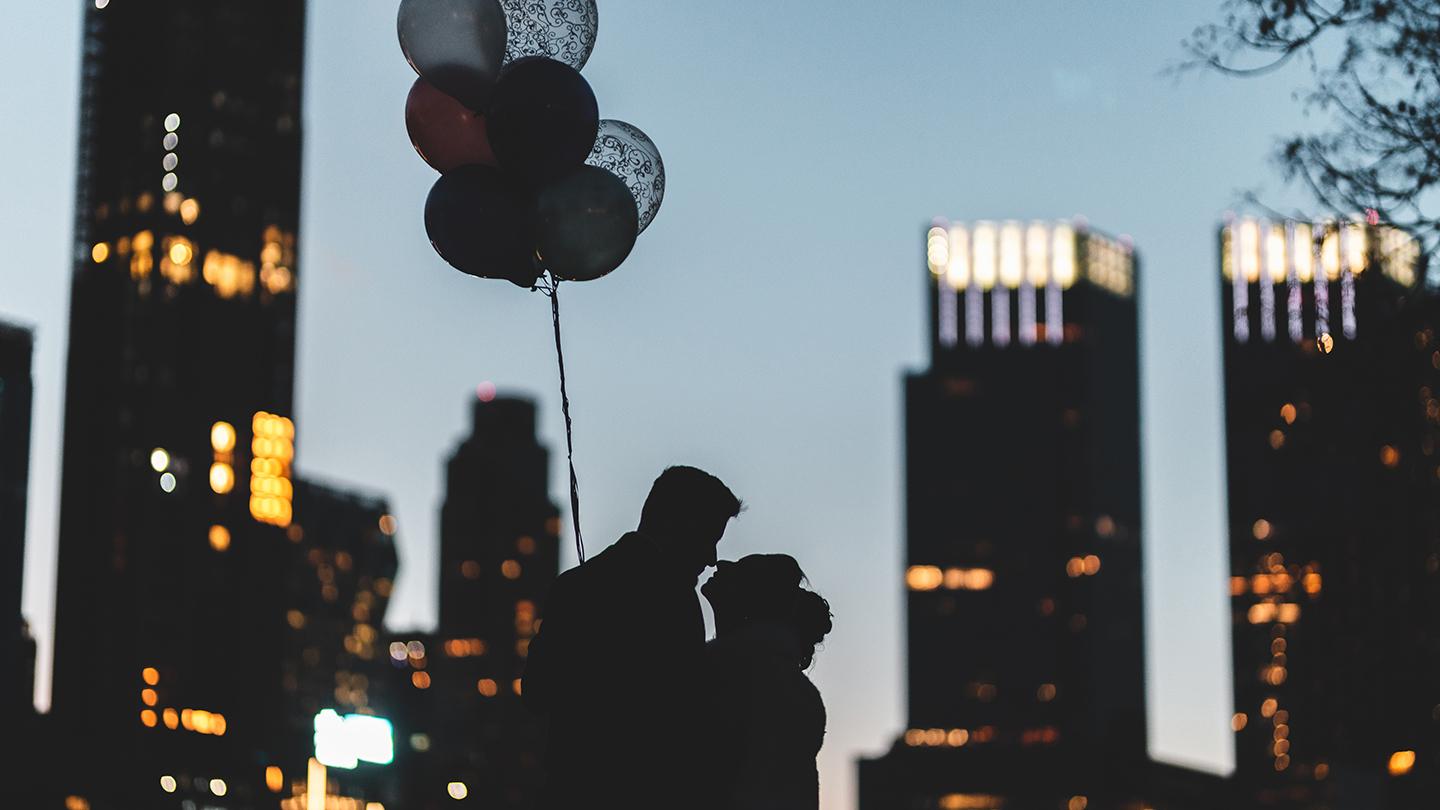City, Balloon, Couple, Valentine's Day