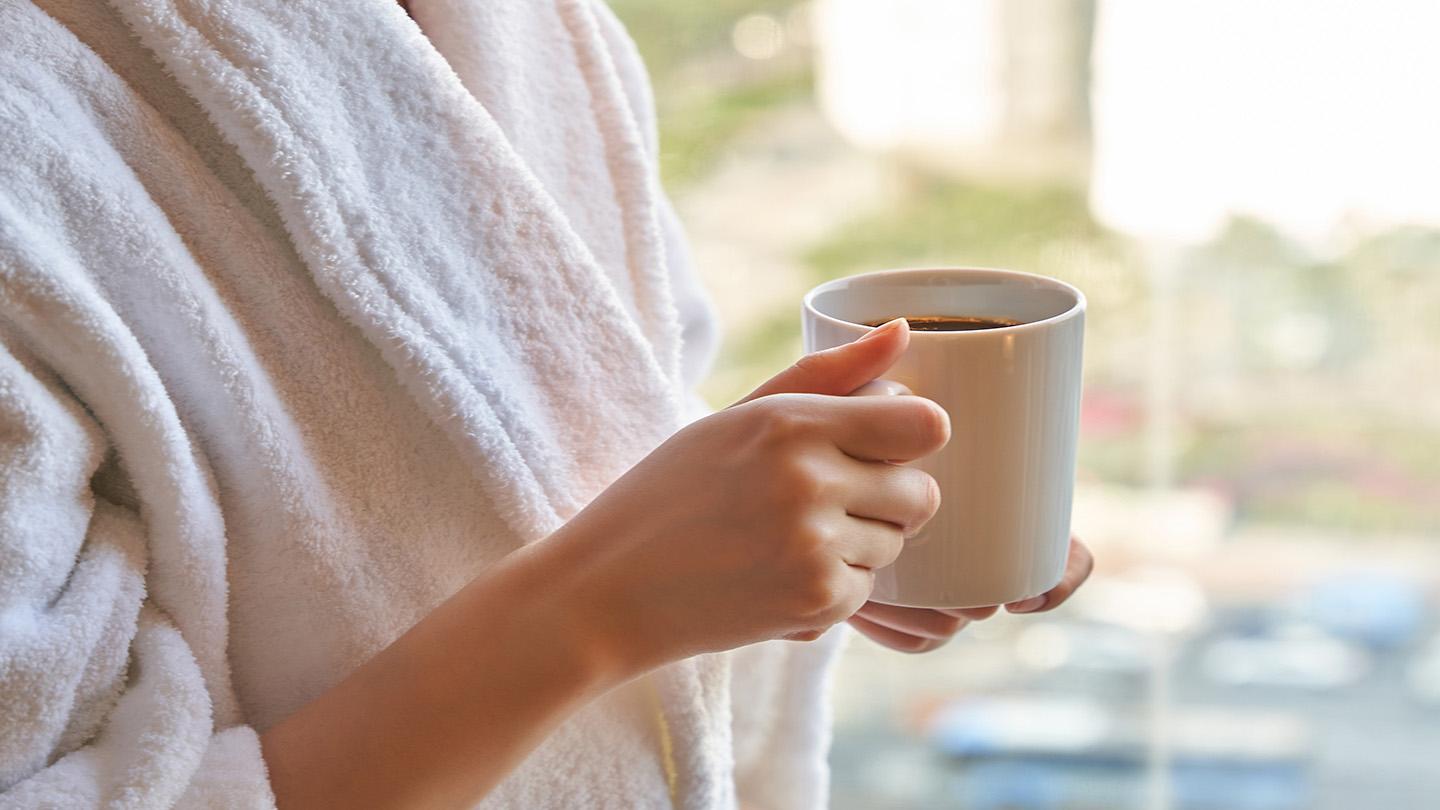Coffee, relaxation, bathrobe